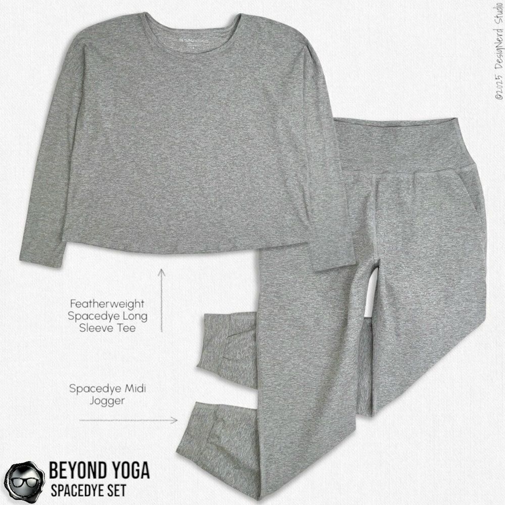 BEYOND YOGA SPACEDYE SET: FEATHERWEIGHT LONG SLEEVE T + MIDI JOGGERS SILVER MIST
